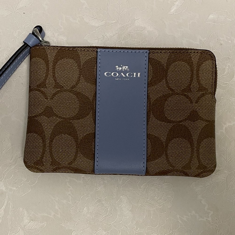 Coach Corner Zip Wristlet In Signature Canvas, light blue